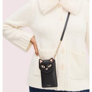 Kate Spade New York Black Leather Cats Phone Crossbody Purse Bag